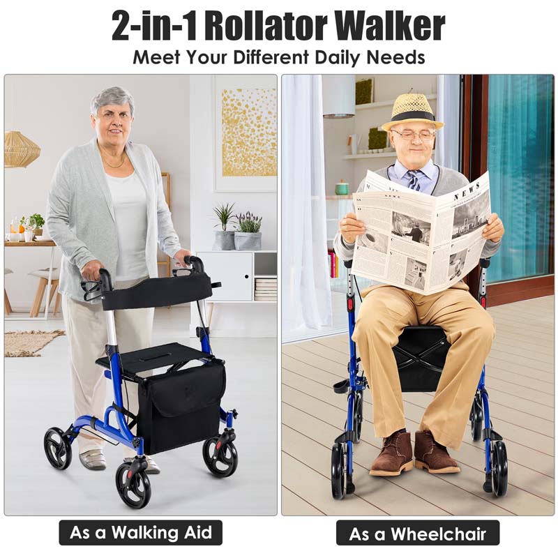 2 in 1 Folding Rollator Walker with Seat & 8" Wheels, Medical Walker Rolling Transport Chair Mobility Walking Aid