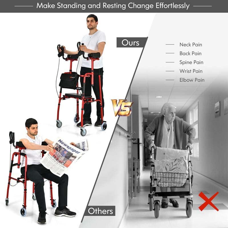 2 in 1 Folding Upright Walker Height Adjustable Rollator Walker with Seat & Wheels, Mobility Walking Aid for Seniors