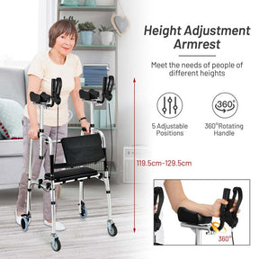 2 in 1 Folding Upright Walker Height Adjustable Rollator Walker with Seat & Wheels, Mobility Walking Aid for Seniors