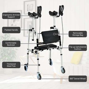 2 in 1 Folding Upright Walker Height Adjustable Rollator Walker with Seat & Wheels, Mobility Walking Aid for Seniors