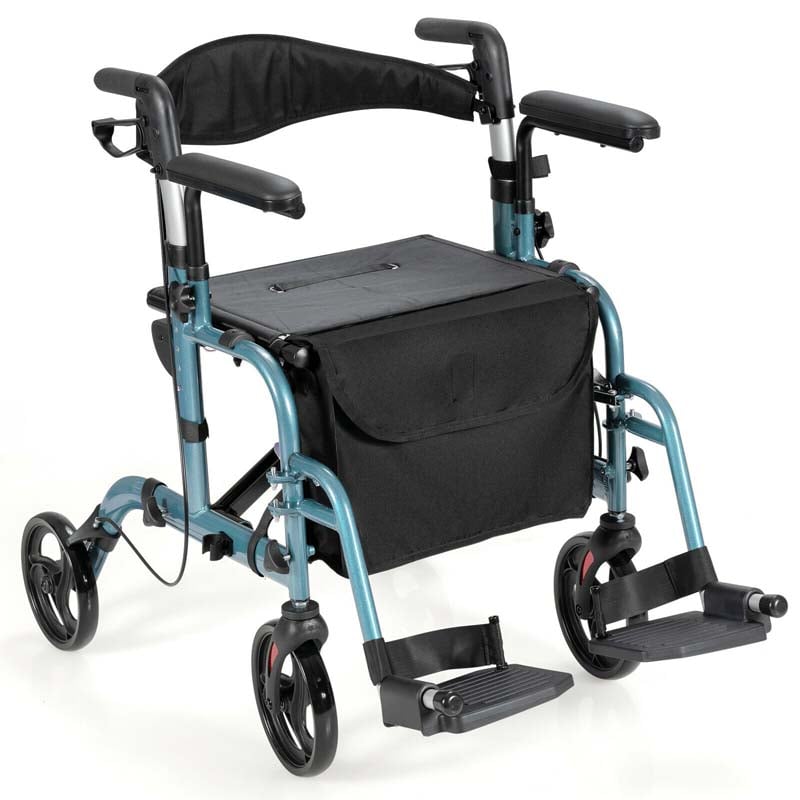 2 in 1 Rollator Walker Wheelchair Folding Medical Walker Rolling Transport Chair Mobility Walking Aid
