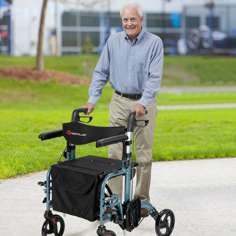 2 in 1 Rollator Walker Wheelchair Folding Medical Walker Rolling Transport Chair Mobility Walking Aid