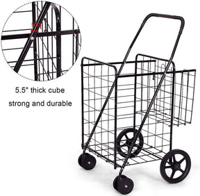 Jumbo Folding Shopping Cart Large Rolling Grocery Utility Cart with Double Basket & 360° Swivel Wheels