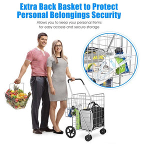 Jumbo Folding Shopping Cart Large Rolling Grocery Utility Cart with Double Basket & 360° Swivel Wheels