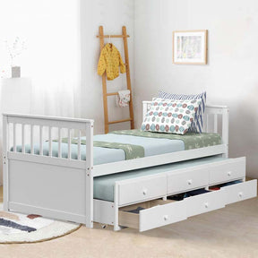 Full Captain's Bed with Trundle Bed & 3 Storage Drawers, Wooden Platform Storage Daybed for Kids Guests Sleepovers