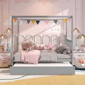 Full Size Canopy Bed with Trundle, Solid Wood Platform Bed Frame with Headboard, Full Bed for Kids Teens Adults