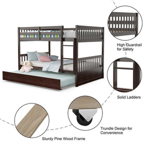 Solid Wood Full Over Full Bunk Bed Frame with Trundle, Safety Ladder & Guardrails, Convertible Bunk Bed for Kids Teens