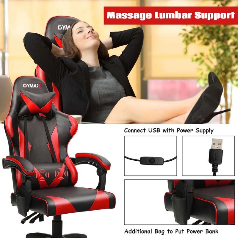 Office Massage Gaming Chair Reclining Racing Chair w/Lumbar