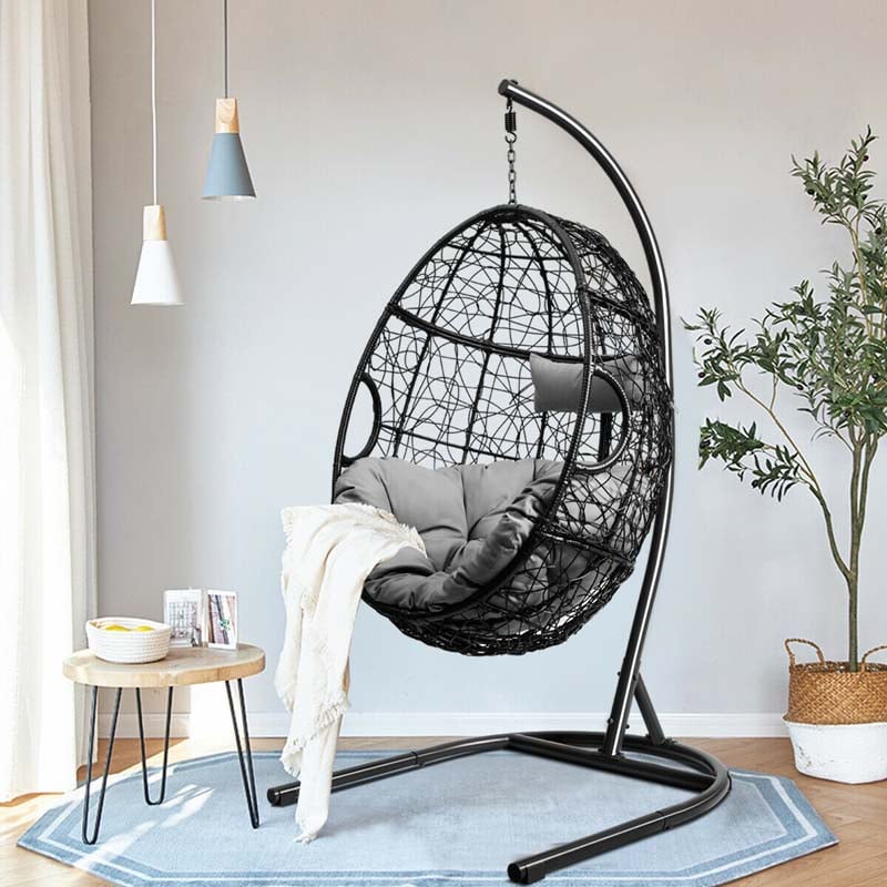 Outdoor Indoor Hanging Egg Chair Hammock Swing Chair with C Hammock Stand Set, Soft Seat Cushion & Pillow