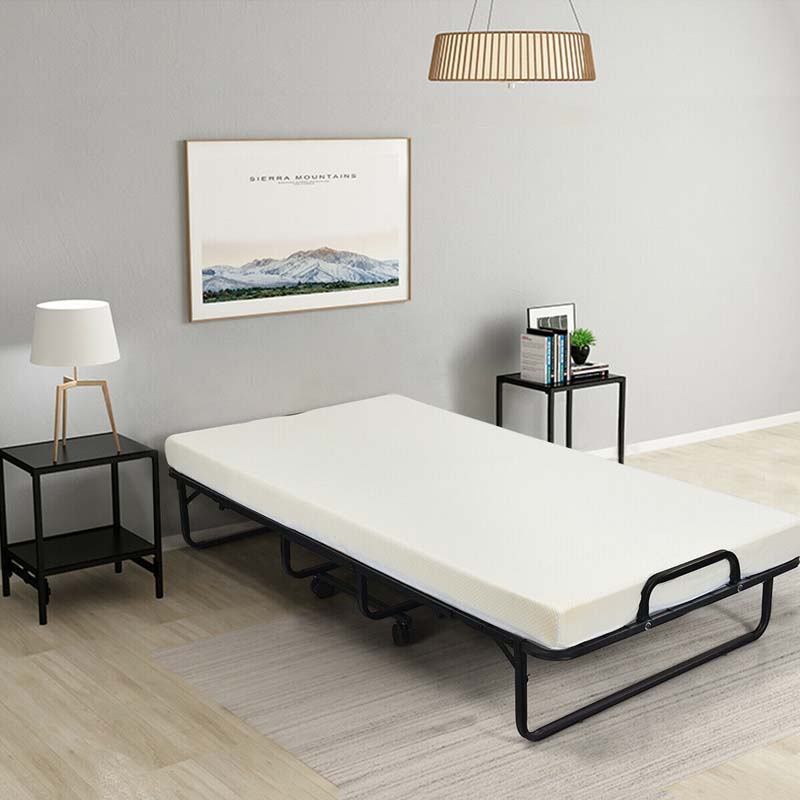 75" x 38" Rollaway Folding Bed with 4" Memory Foam Mattress, Twin Size Portable Guest Bed with Wheels