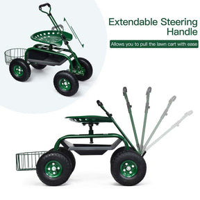 Heavy Duty Rolling Garden Cart Workseat with Tool Tray, 360 Swivel Seat, Storage Basket, Extendable Steering Handle