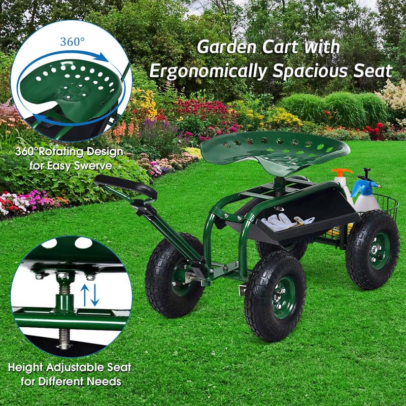 Heavy Duty Rolling Garden Cart Workseat with Tool Tray, 360 Swivel Seat, Storage Basket, Extendable Steering Handle