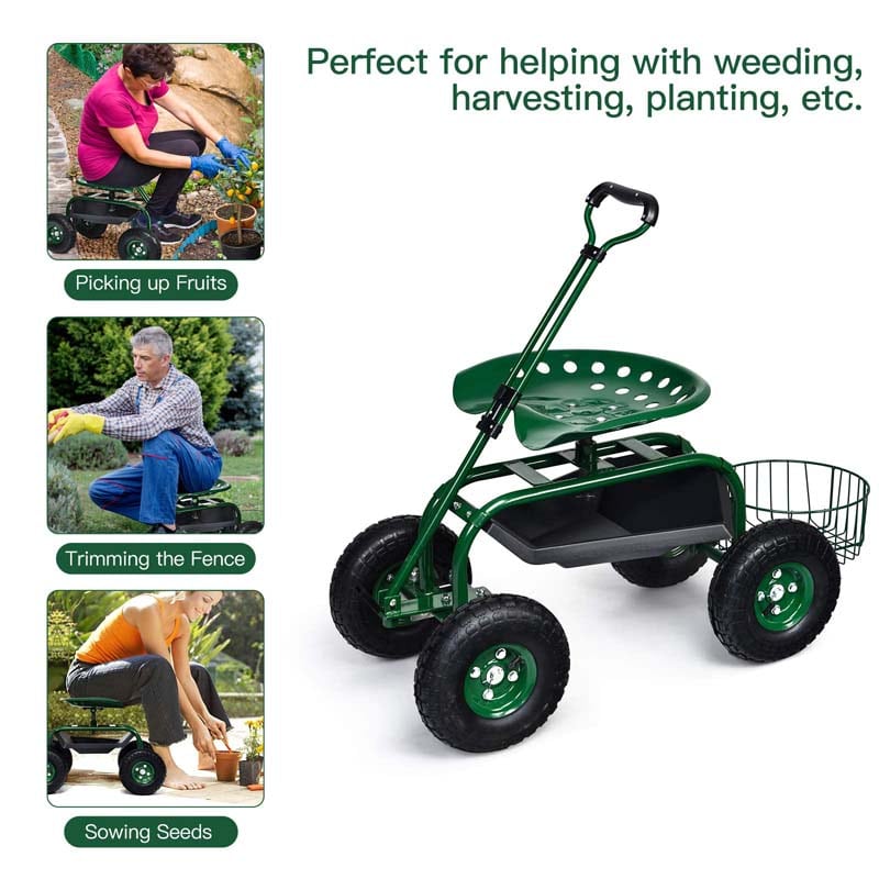 Heavy Duty Rolling Garden Cart Workseat with Tool Tray, 360 Swivel Seat, Storage Basket, Extendable Steering Handle