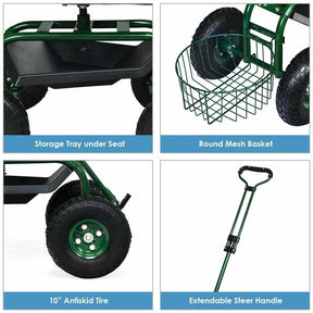 Heavy Duty Rolling Garden Cart Workseat with Tool Tray, 360 Swivel Seat, Storage Basket, Extendable Steering Handle