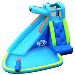 5-in-1 Hippo Water Park Bounce House Inflatable Water Slide with Splash Pool, Climbing Wall, Water Cannon, 740W Blower