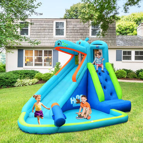 5-in-1 Hippo Water Park Bounce House Inflatable Water Slide with Splash Pool, Climbing Wall, Water Cannon, 740W Blower