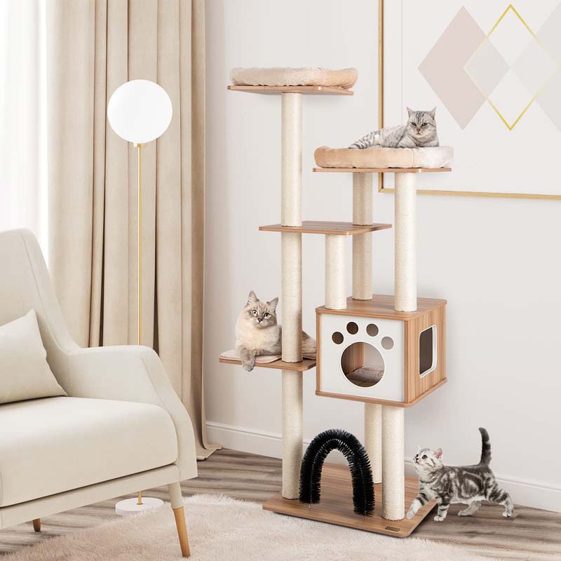 69.5" Tall Multi-Layer Cat Tree Tower Condo, Modern Wooden Cat Activity Tree with Cushions & Scratching Post