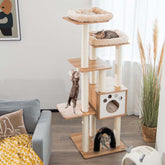 69.5" Tall Multi-Layer Cat Tree Tower Condo, Modern Wooden Cat Activity Tree with Cushions & Scratching Post