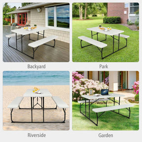 4-Person Folding Picnic Table Bench Set with Wood-like Texture & Metal Frame, Portable Outdoor Camping Dining Table Set