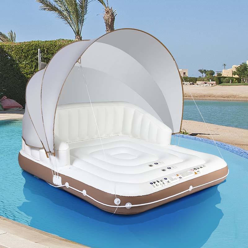 Giant Inflatable Pool Float Lounge Swimming Floating Island Raft with Retractable Canopy & 2 Cup Holders