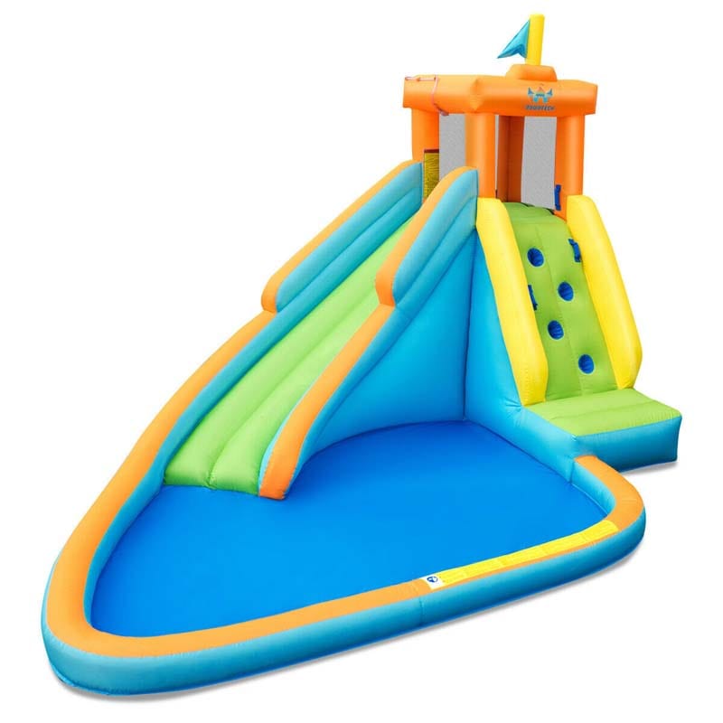 Kids Inflatable Water Park Bouncy Castle with Long Water Slide, Climbing Wall, Splash Pool, 740W Air Blower