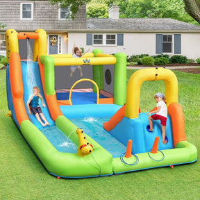 8-in-1 Giant Water Park Bounce House Inflatable Water Slide with Trampoline, Climbing Wall, Splash Pool, 735W Air Blower