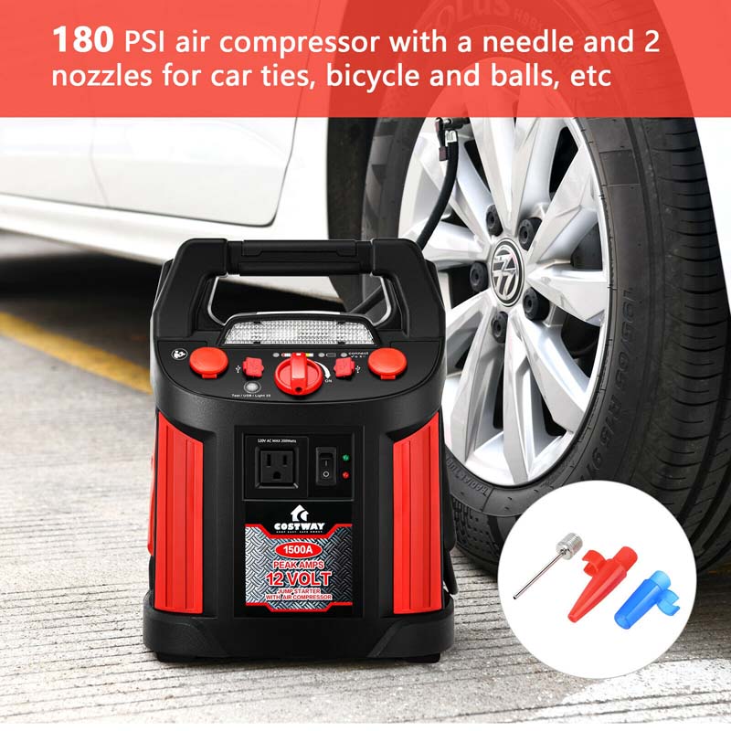 Portable Power Station Jump Starter 1500 Peak/700 Instant Amps, 180 PSI Digital Air Compressor Power Bank Charger Built-in Inverter