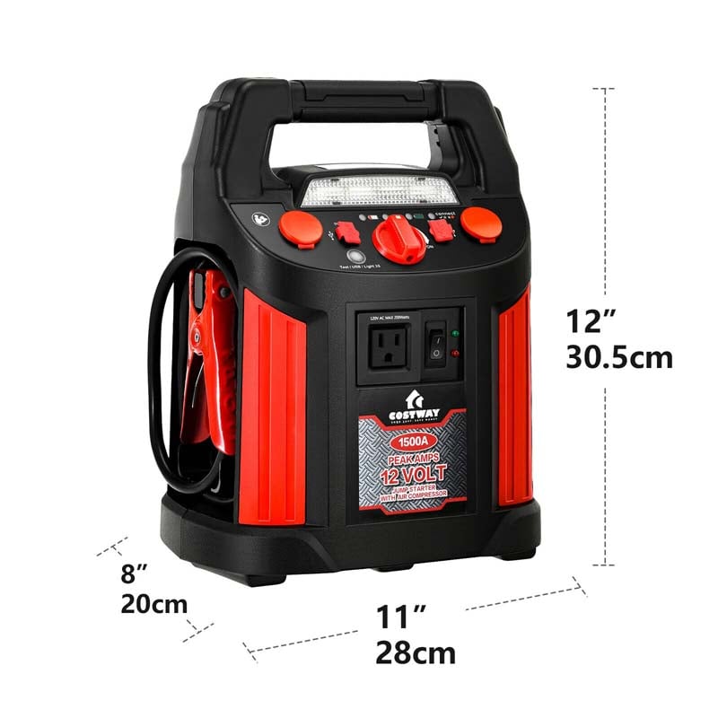 Portable Power Station Jump Starter 1500 Peak/700 Instant Amps, 180 PSI Digital Air Compressor Power Bank Charger Built-in Inverter