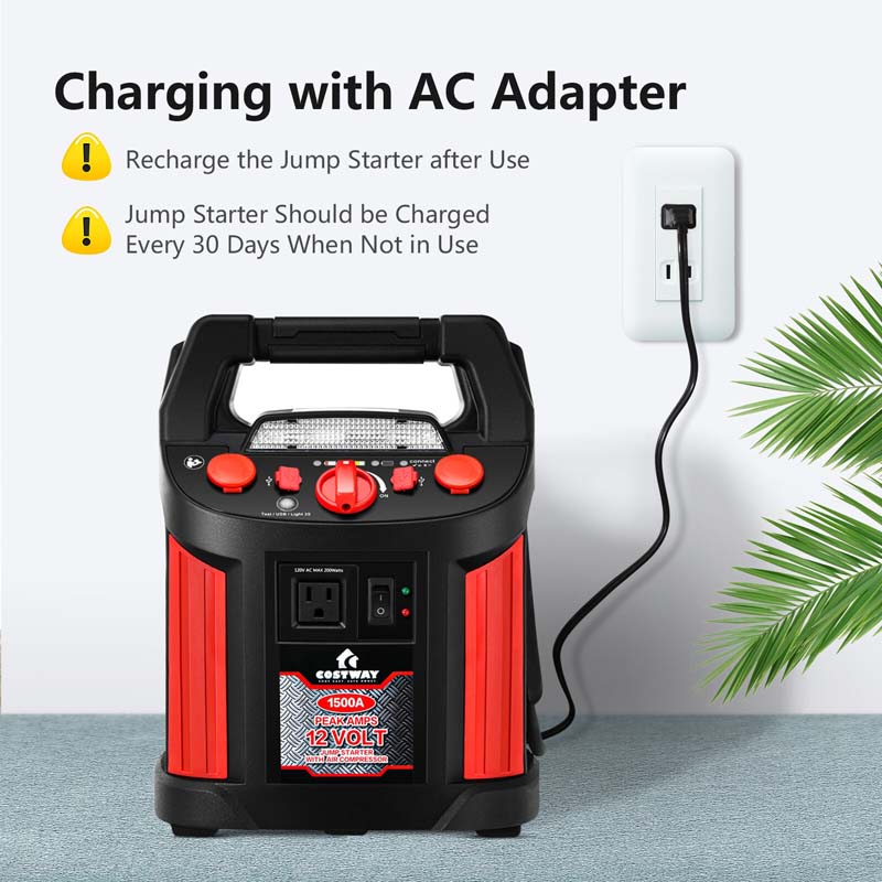 Portable Power Station Jump Starter 1500 Peak/700 Instant Amps, 180 PSI Digital Air Compressor Power Bank Charger Built-in Inverter