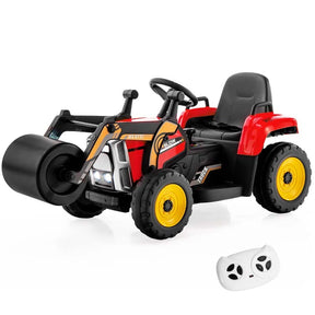 12V Kids Ride On Road Roller with Drum Roller, Battery Powered Electric Tractor RC Construction Vehicle