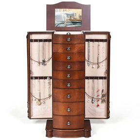 Dark Walnut Large Standing Jewelry Armoire Cabinet with 8 Drawers & 2 Swing Doors, 16 Hooks, Top Mirror Boxes