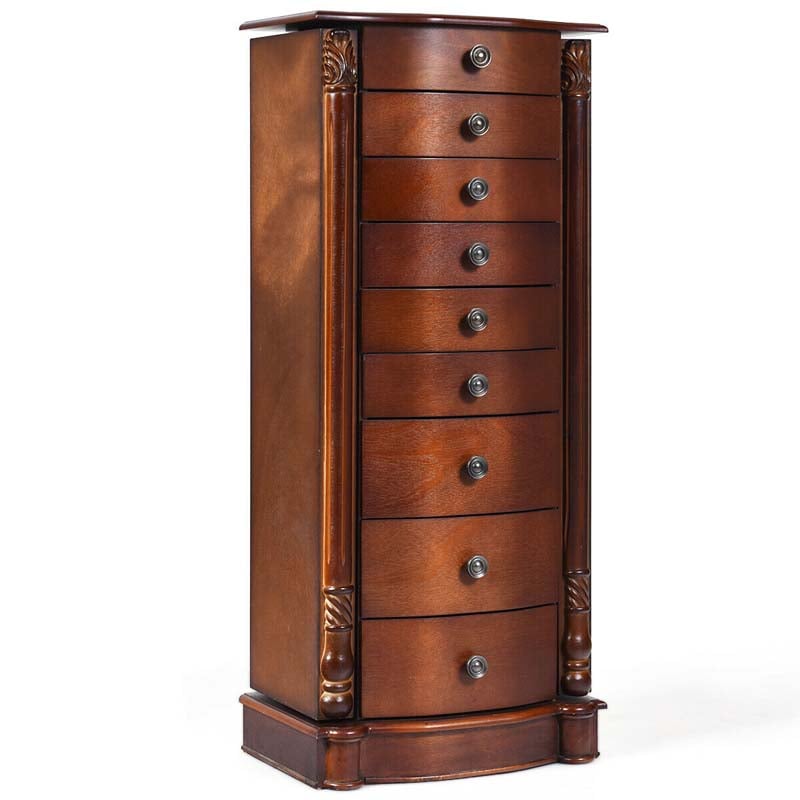 Dark Walnut Large Standing Jewelry Armoire Cabinet with 8 Drawers & 2 Swing Doors, 16 Hooks, Top Mirror Boxes