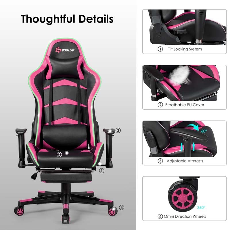 LED Massage Gaming Chair, Height Adjustable Racing Computer Office Chair with Footrest, Ergonomic High Back PU Swivel Game Chair