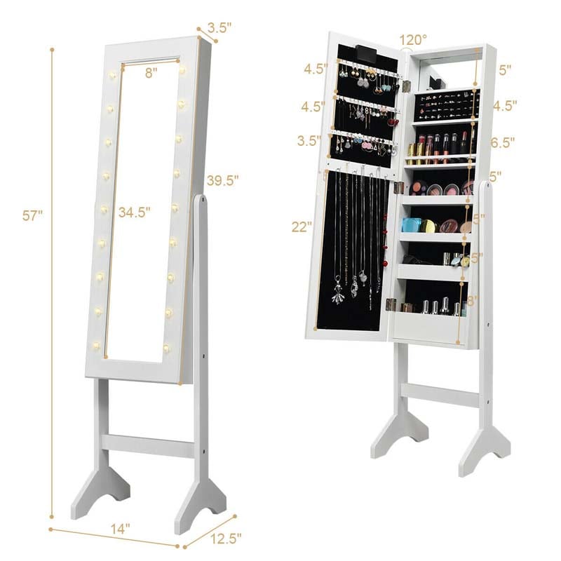 18 LEDs Large Standing Jewelry Armoire Cabinet with Full Length Mirror, 16 Lipstick Holder, 1 Inside Makeup Mirror