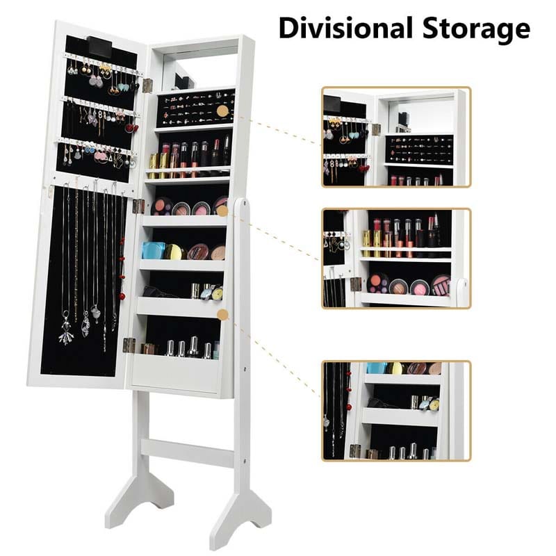 18 LEDs Large Standing Jewelry Armoire Cabinet with Full Length Mirror, 16 Lipstick Holder, 1 Inside Makeup Mirror