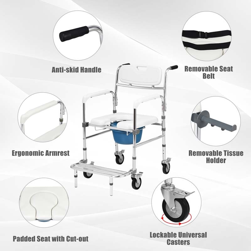4 in 1 Bedside Commode Chair Transport Shower Wheelchair Toilet Chair with Folding Pedal
