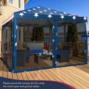 10 x 10 FT Pop Up Canopy Tent with Carry Bag & Netting, American Flag Printing Outdoor Gazebo