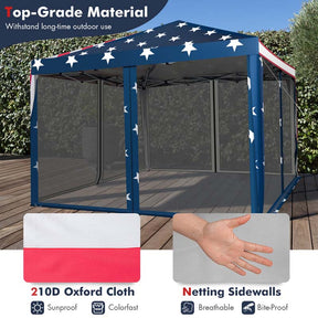 10 x 10 FT Pop Up Canopy Tent with Carry Bag & Netting, American Flag Printing Outdoor Gazebo