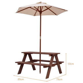 4-Seat Outdoor Kid's Wood Picnic Table Bench Set with Umbrella, Children Activity Table with Built-in Benches