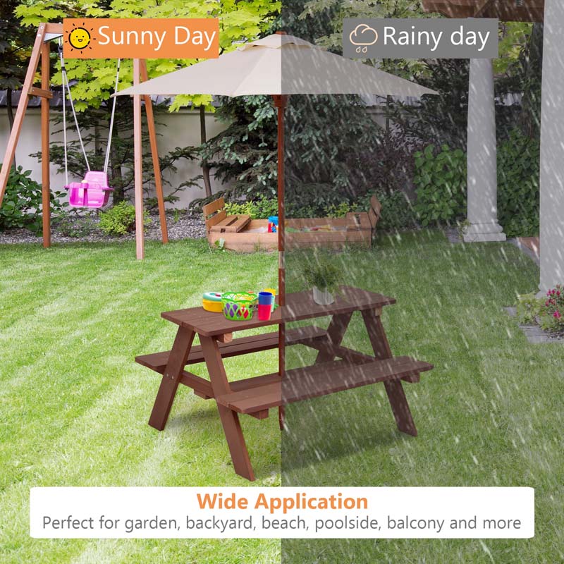 4-Seat Outdoor Kid's Wood Picnic Table Bench Set with Umbrella, Children Activity Table with Built-in Benches
