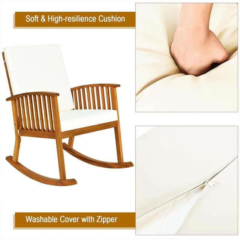 Acacia Wood Outdoor Rocking Chair, Wooden Porch Rocker with Detachable Washable Cushions