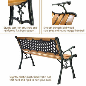Large Cast Iron Outdoor Bench Seat, Weatherproof Wooden Garden Bench for Patio Park Porch
