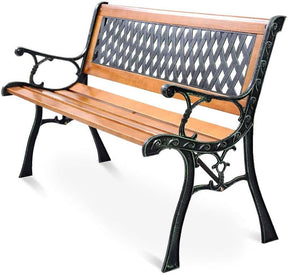 Large Cast Iron Outdoor Bench Seat, Weatherproof Wooden Garden Bench for Patio Park Porch