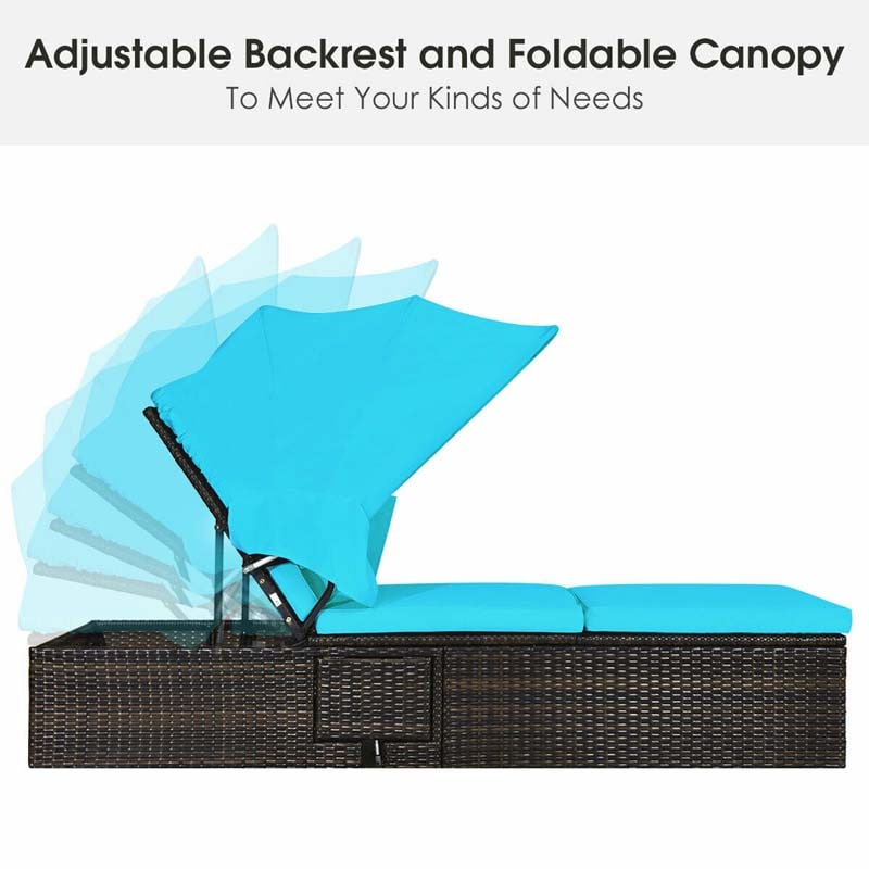 Cushioned Rattan Outdoor Chaise Lounge Chair Sun Lounger 5-Position with Folding Canopy & Flip-up Tea Table