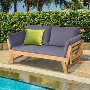 Acacia Wood Patio Daybed Convertible Couch Sofa Bed, Outdoor Folding Chaise Lounge Bench with Adjustable Armrest