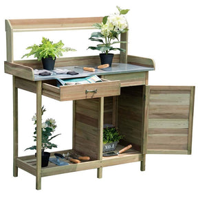 Outdoor Patio Potting Bench Table Rack with Metal Tabletop, Big Drawer & Removable Shelf, Fir Wood Garden Workstation