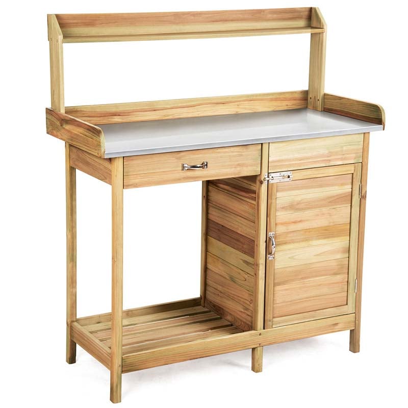 Outdoor Patio Potting Bench Table Rack with Metal Tabletop, Big Drawer & Removable Shelf, Fir Wood Garden Workstation