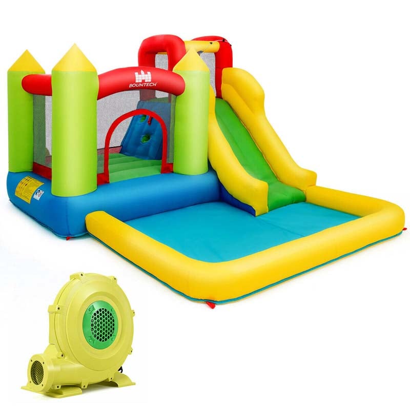 5-in-1 Kids Inflatable Water Slide Bounce House Water Park with Trampoline, Climbing Area, Large Splash Pool, Air Blower