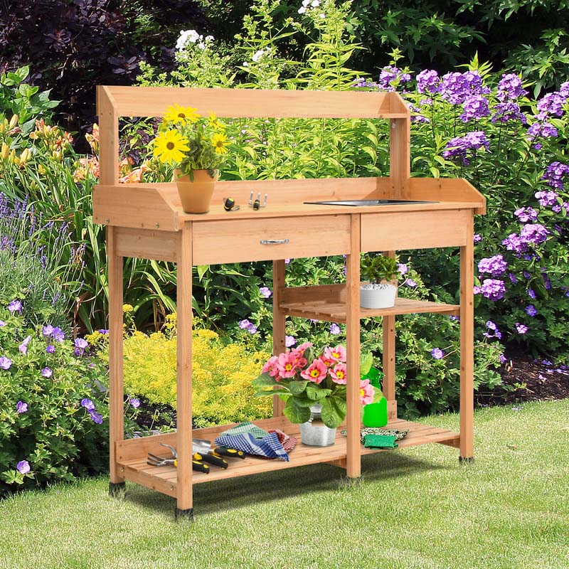 Outdoor Patio Potting Bench Table with Sink, Drawer, Shelves & Hooks, Fir Wood Garden Work Bench Workstation