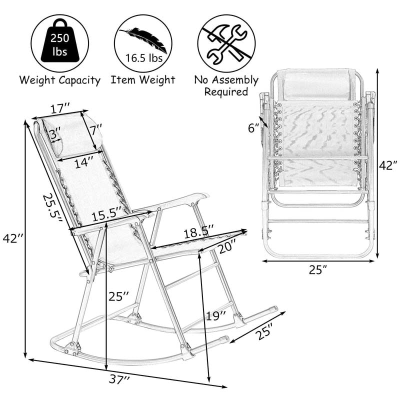 Patio Folding Zero Gravity Rocking Chair Outdoor Beach Camping Chair with Pillow & Armrests